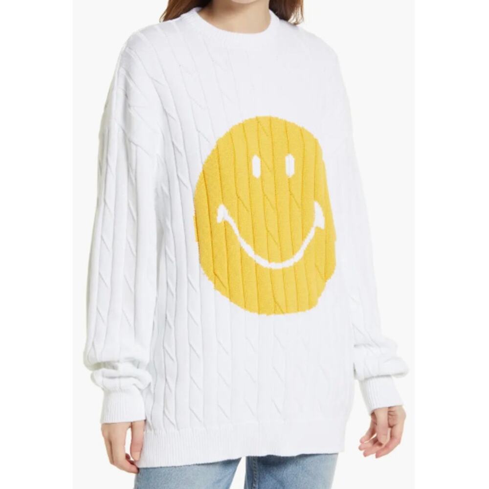 Joshua Sanders x Smiley Unisex Smile Chunky Cable Knit Sweater Crew Neck, White - Picture 2 of 14